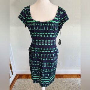 Nanette Lepore Navy and Green Geometric Scoop-Neck Midi Dress